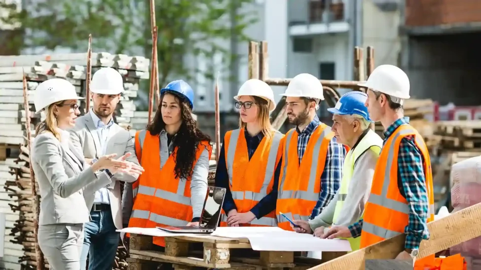 Construction team meeting on a project site